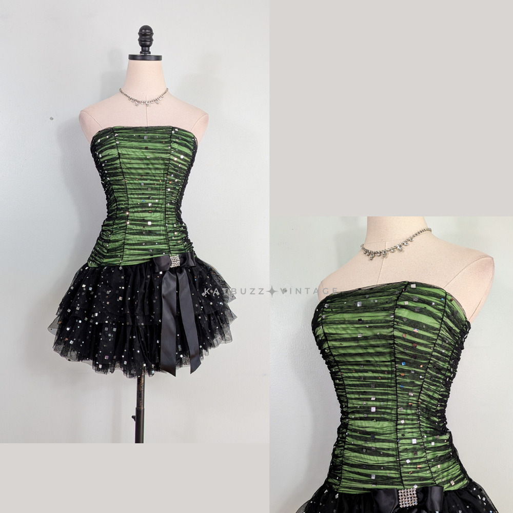 Vintage Nites Prom Dress Mini Gown XS Green Black Y2K Goth Ruffle Hoco Glam Lace
